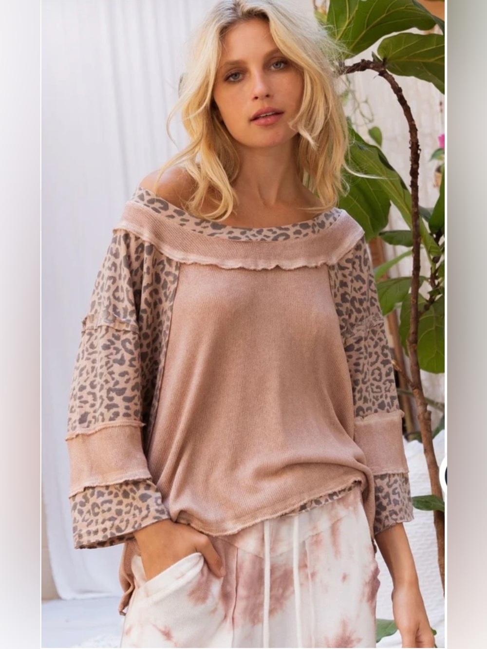 *POL Ptp 23 Leopard Sleeve Blush Mauve Pink Boho Top Oversized Small *flaw